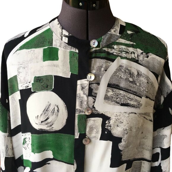 Kenar Button-Front Top Tunic Long-Sleeve Crew-Neck Green/Cream/Black Print S Ray - Picture 2 of 7
